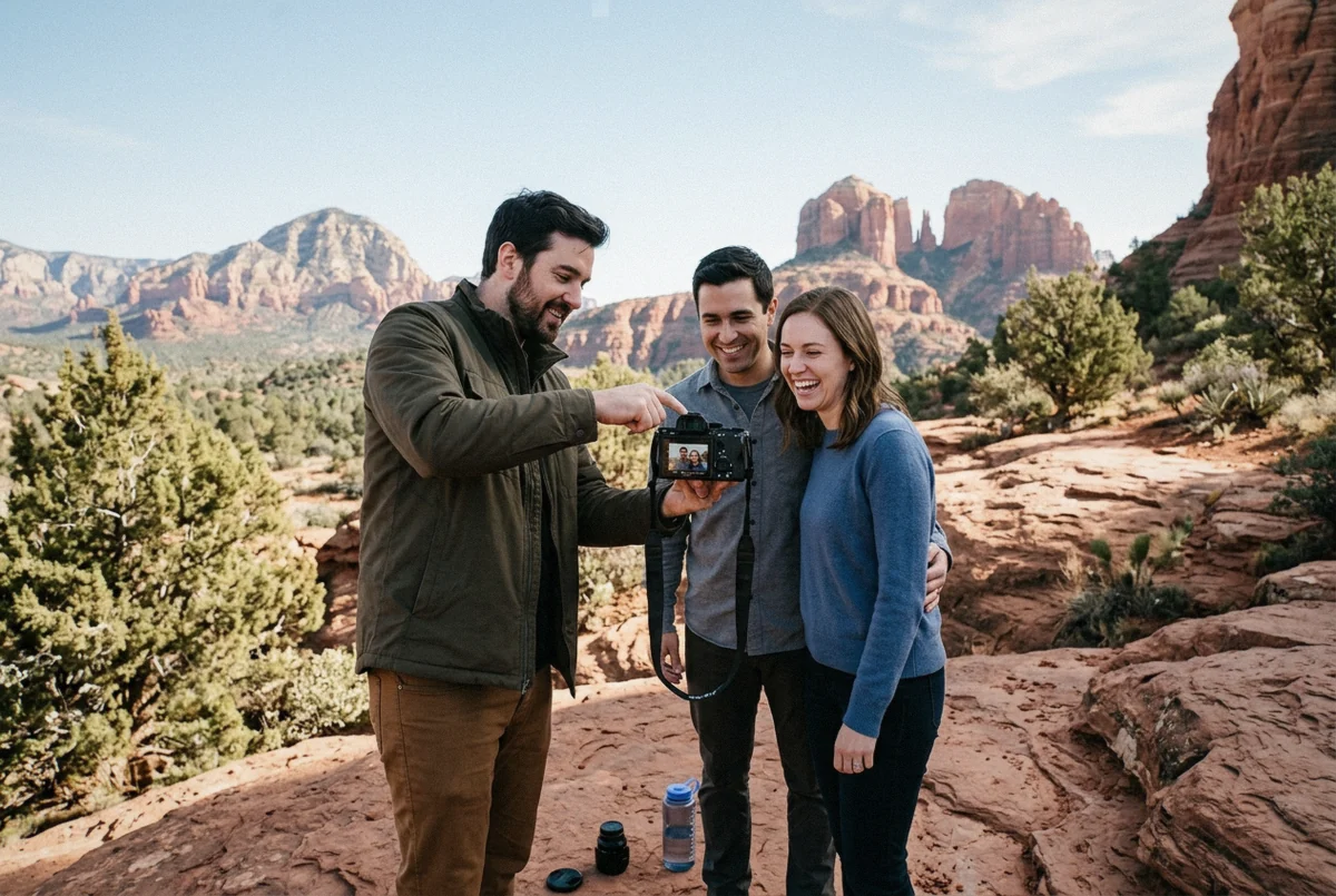 A photographer reviewing shots on a camera screen with a couple at a red rock overlook during an Arizona photoshoot session