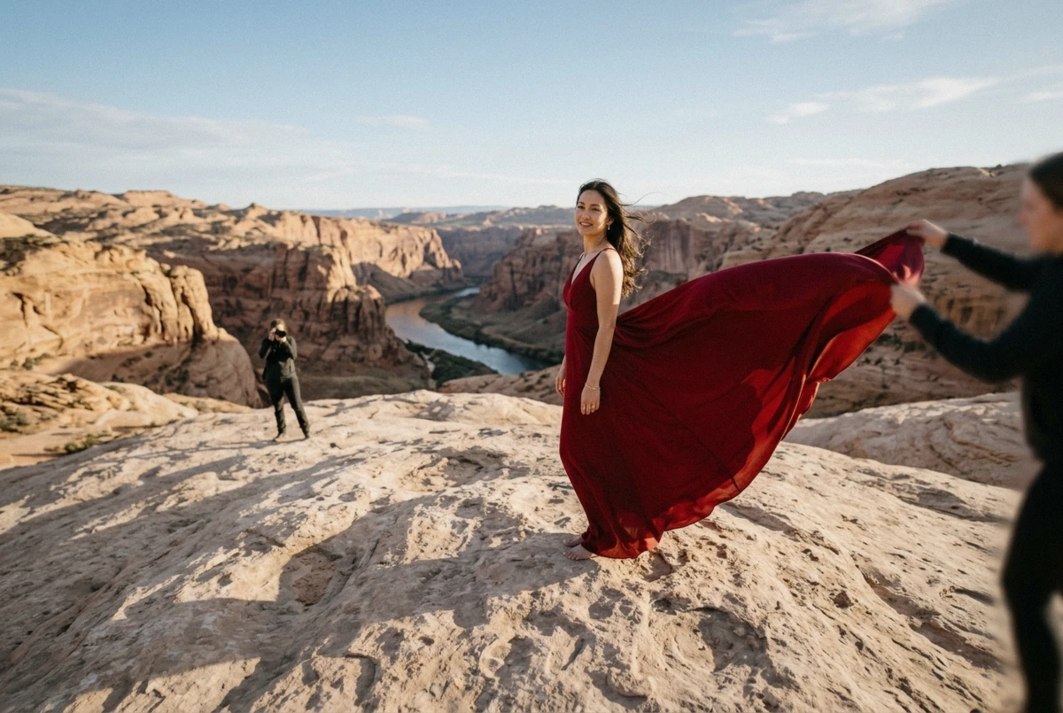 A woman on red sandstone at sunset with a long flowing train lifted by the wind, the signature arizona flying dress photoshoot frame