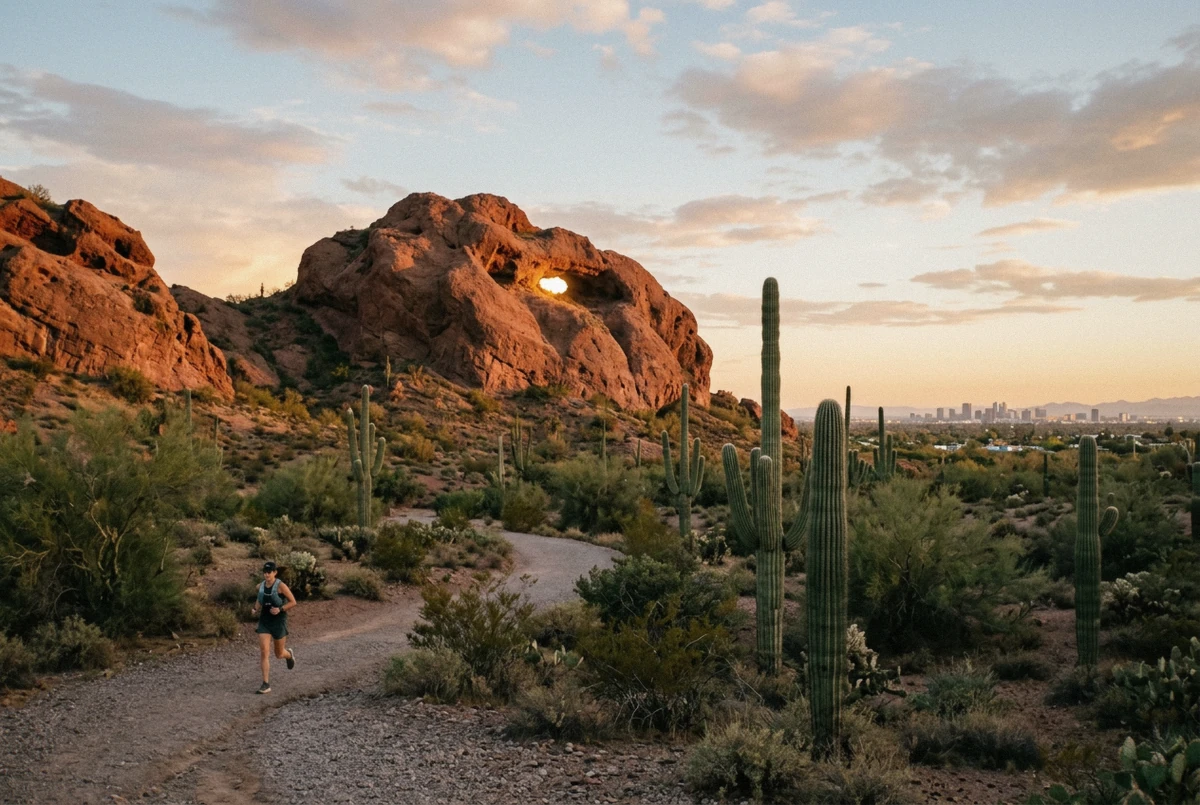 Red sandstone buttes of Papago Park at sunset with saguaro cacti, a Phoenix Arizona photoshoot location