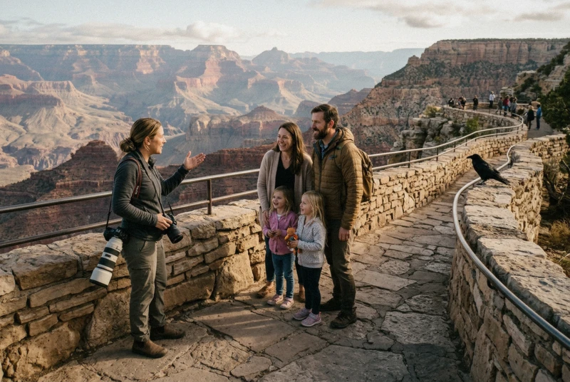 Photographer directing a couple at a Grand Canyon South Rim viewpoint during a private Arizona photoshoot at golden hour