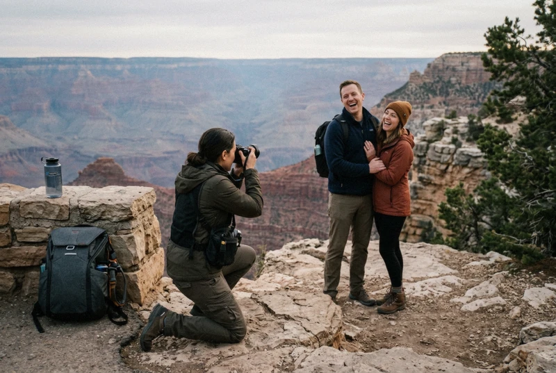 Photographer guiding a family pose on the South Rim during a Grand Canyon Arizona photoshoot in morning light