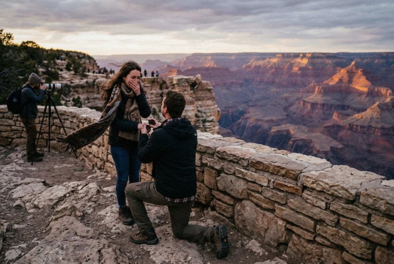 Surprise proposal on one knee at a Grand Canyon overlook captured during an Arizona photoshoot